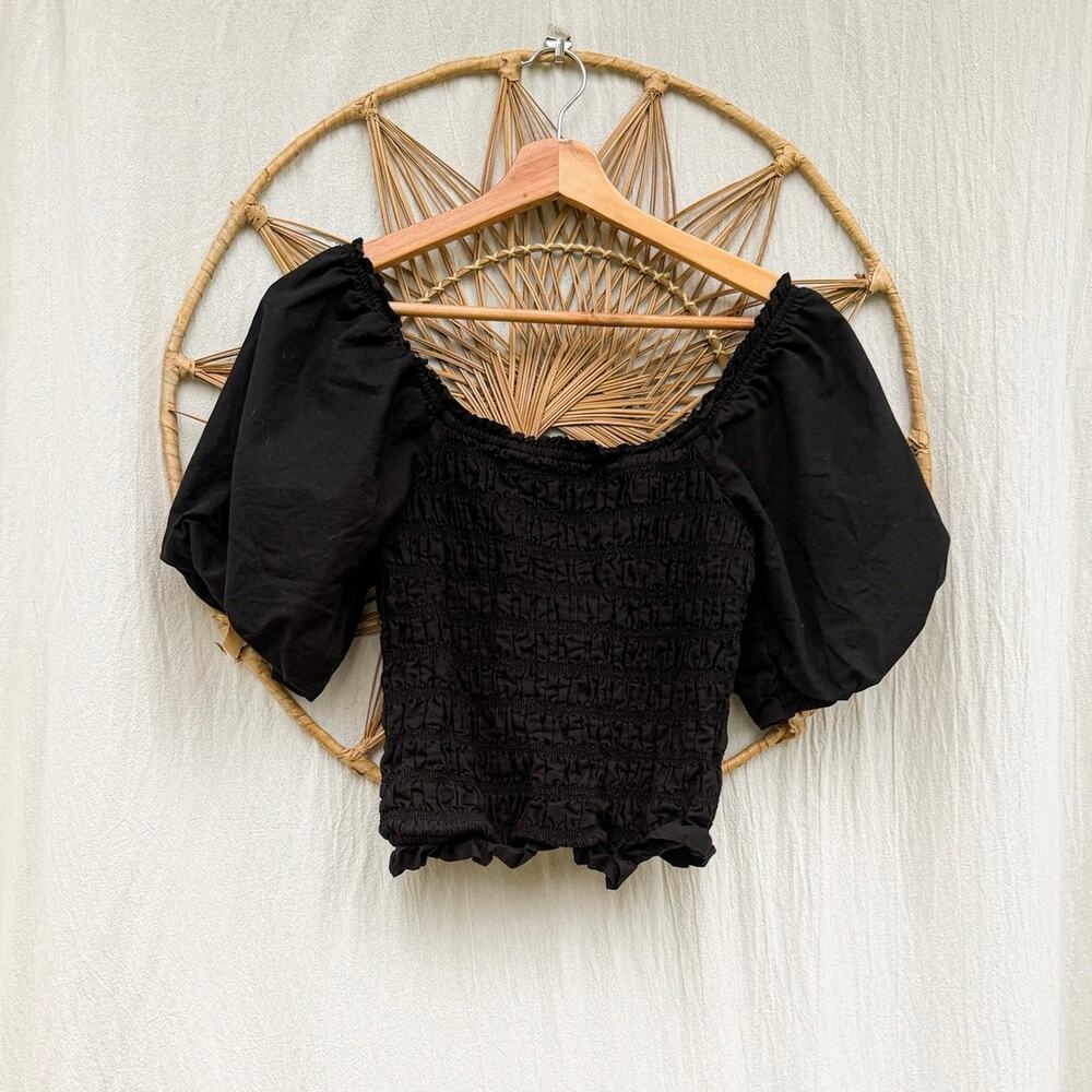 Black Cotton Smocked Milkmaid Cottagecore Whimsy Puff Sleeve Crop Top Sz XS